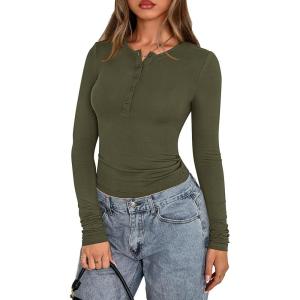 imagePRETTYGARDEN Womens Casual Long Sleeve Tops 2025 Fall Crew Neck Fitted Henley Shirts Basic Tee Blouse Knit Going Out OutfitsArmy Green