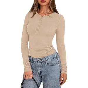 imagePRETTYGARDEN Womens Casual Long Sleeve Tops 2025 Fall Crew Neck Fitted Henley Shirts Basic Tee Blouse Knit Going Out OutfitsBeige