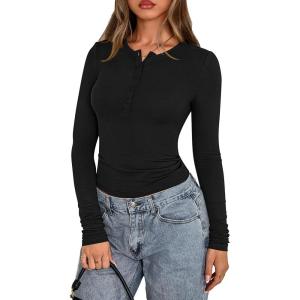 imagePRETTYGARDEN Womens Casual Long Sleeve Tops 2025 Fall Crew Neck Fitted Henley Shirts Basic Tee Blouse Knit Going Out OutfitsBlack