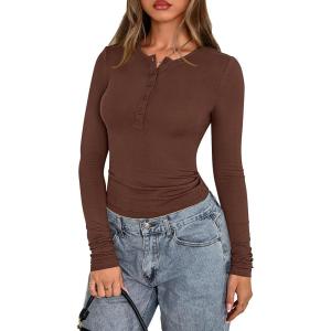 imagePRETTYGARDEN Womens Casual Long Sleeve Tops 2025 Fall Crew Neck Fitted Henley Shirts Basic Tee Blouse Knit Going Out OutfitsBrown