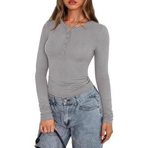 imagePRETTYGARDEN Womens Casual Long Sleeve Tops 2025 Fall Crew Neck Fitted Henley Shirts Basic Tee Blouse Knit Going Out OutfitsGrey