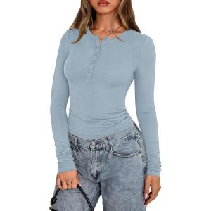 imagePRETTYGARDEN Womens Casual Long Sleeve Tops 2025 Fall Crew Neck Fitted Henley Shirts Basic Tee Blouse Knit Going Out OutfitsSky Blue
