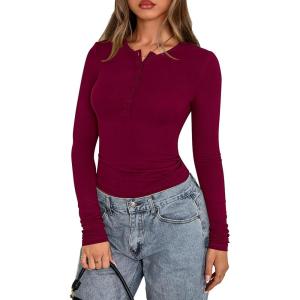 imagePRETTYGARDEN Womens Casual Long Sleeve Tops 2025 Fall Crew Neck Fitted Henley Shirts Basic Tee Blouse Knit Going Out OutfitsWine Red