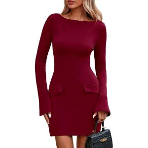 imagePRETTYGARDEN Womens Fall Long Sleeve Mini Dress 2025 Trendy Boat Neck Bodycon Knit Elegant Short Party Formal DressesRed