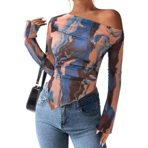 imagePRETTYGARDEN Womens Fall Trendy Off Shoulder Y2k Tops 2025 Tie Dye Mesh Long Sleeve Shirts Asymmetrical Ruched Floral BlouseBlue Watercolour