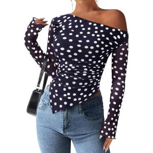 imagePRETTYGARDEN Womens Fall Trendy Off Shoulder Y2k Tops 2025 Tie Dye Mesh Long Sleeve Shirts Asymmetrical Ruched Floral BlouseDot Navy Blue White