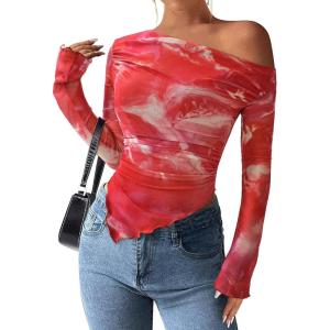 imagePRETTYGARDEN Womens Fall Trendy Off Shoulder Y2k Tops 2025 Tie Dye Mesh Long Sleeve Shirts Asymmetrical Ruched Floral BlouseFloral Brick Red