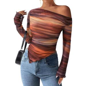 imagePRETTYGARDEN Womens Fall Trendy Off Shoulder Y2k Tops 2025 Tie Dye Mesh Long Sleeve Shirts Asymmetrical Ruched Floral BlouseFloral Brown