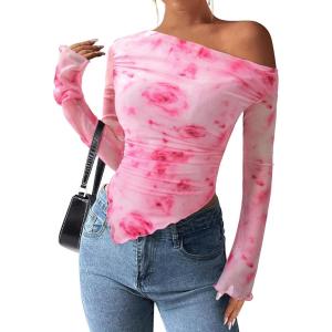 imagePRETTYGARDEN Womens Fall Trendy Off Shoulder Y2k Tops 2025 Tie Dye Mesh Long Sleeve Shirts Asymmetrical Ruched Floral BlouseFloral Pink Red