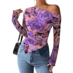imagePRETTYGARDEN Womens Fall Trendy Off Shoulder Y2k Tops 2025 Tie Dye Mesh Long Sleeve Shirts Asymmetrical Ruched Floral BlouseFloral Purple