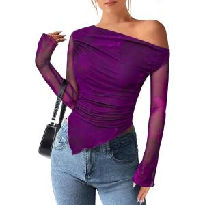 imagePRETTYGARDEN Womens Fall Trendy Off Shoulder Y2k Tops 2025 Tie Dye Mesh Long Sleeve Shirts Asymmetrical Ruched Floral BlousePrint Purple