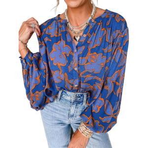 imagePRETTYGARDEN Womens Floral Button Down Blouse 2025 Fall Fashion Dressy Casual Long Sleeve Oversized Shirts Top Boho ClothesBlue