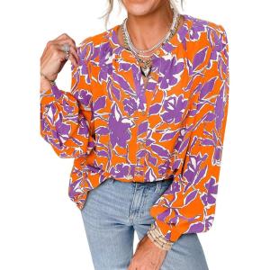 imagePRETTYGARDEN Womens Floral Button Down Blouse 2025 Fall Fashion Dressy Casual Long Sleeve Oversized Shirts Top Boho ClothesOrange