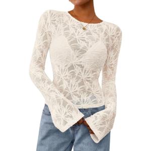 imagePRETTYGARDEN Womens Lace Long Bell Sleeve Tops 2025 Fall Sexy See Through Sheer Floral Blouse Shirt Fitted Going Out OutfitsBeige