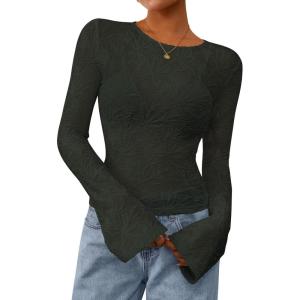 imagePRETTYGARDEN Womens Lace Long Bell Sleeve Tops 2025 Fall Sexy See Through Sheer Floral Blouse Shirt Fitted Going Out OutfitsDark Green