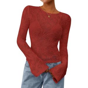 imagePRETTYGARDEN Womens Lace Long Bell Sleeve Tops 2025 Fall Sexy See Through Sheer Floral Blouse Shirt Fitted Going Out OutfitsRed