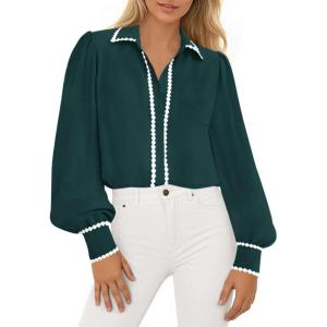 imagePRETTYGARDEN Womens Long Sleeve Button Down Shirts 2025 Trendy V Neck Loose Fit Fall Tops Collared Dressy Casual BlousesDark Green