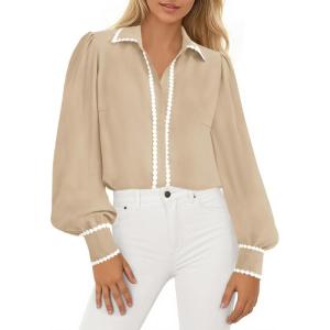 imagePRETTYGARDEN Womens Long Sleeve Button Down Shirts 2025 Trendy V Neck Loose Fit Fall Tops Collared Dressy Casual BlousesKhaki