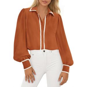 imagePRETTYGARDEN Womens Long Sleeve Button Down Shirts 2025 Trendy V Neck Loose Fit Fall Tops Collared Dressy Casual BlousesOrange