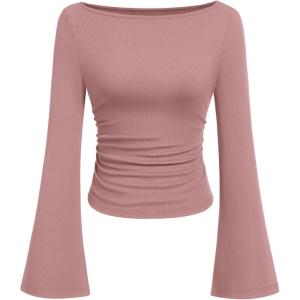 imagePRETTYGARDEN Womens Long Sleeve Shirts 2025 Fall Crop Going Out Tops Casual Boat Neck Bell Sleeve Ribbed Ruched Y2K ClothesDusty Pink