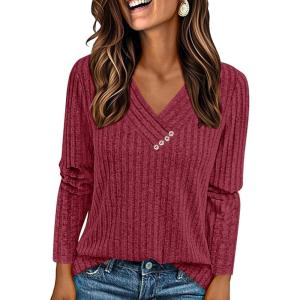 imagePRETTYGARDEN Womens Long Sleeve Shirts 2025 Fall Fashion Clothes Casual Ribbed V Neck Loose Tunic Tops Lightweight SweatersBurgundy