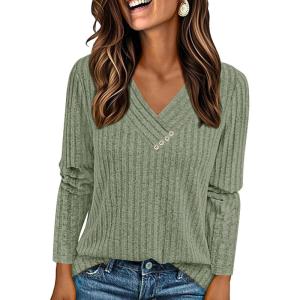 imagePRETTYGARDEN Womens Long Sleeve Shirts 2025 Fall Fashion Clothes Casual Ribbed V Neck Loose Tunic Tops Lightweight SweatersGreen