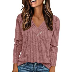 imagePRETTYGARDEN Womens Long Sleeve Shirts 2025 Fall Fashion Clothes Casual Ribbed V Neck Loose Tunic Tops Lightweight SweatersPink