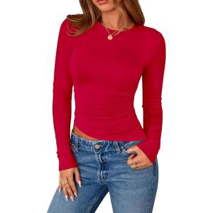 imagePRETTYGARDEN Womens Long Sleeve Shirts 2025 Fall Trendy Crewneck Slim Fit Asymmetrical Going Out Tops Ruched Tee Y2k ClothesRed