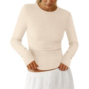 imagePRETTYGARDEN Womens Long Sleeve Shirts 2025 Ribbed Knit Slim Fitted Basic Tee Casual Going Out Tops Underscrubs Fall ClothingBeige