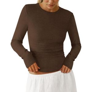 imagePRETTYGARDEN Womens Long Sleeve Shirts 2025 Ribbed Knit Slim Fitted Basic Tee Casual Going Out Tops Underscrubs Fall ClothingBrown