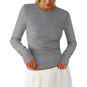 imagePRETTYGARDEN Womens Long Sleeve Shirts 2025 Ribbed Knit Slim Fitted Basic Tee Casual Going Out Tops Underscrubs Fall ClothingGrey