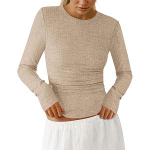 imagePRETTYGARDEN Womens Long Sleeve Shirts 2025 Ribbed Knit Slim Fitted Basic Tee Casual Going Out Tops Underscrubs Fall ClothingKhaki