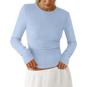 imagePRETTYGARDEN Womens Long Sleeve Shirts 2025 Ribbed Knit Slim Fitted Basic Tee Casual Going Out Tops Underscrubs Fall ClothingLight Blue