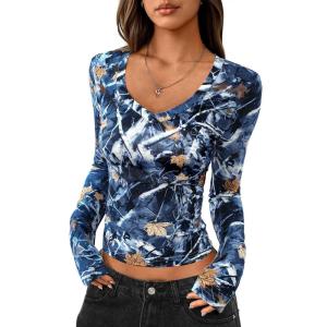 imagePRETTYGARDEN Womens Long Sleeve T Shirts 2025 Fall Trendy Deep V Neck Slim Fit Basic Crop Tops Casual Going Out TopDark Blue Floral
