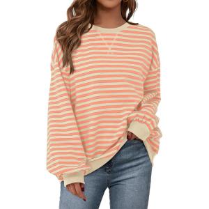 imagePRETTYGARDEN Womens Striped Oversized Sweatshirt Color Block Crew Neck Long Sleeve Casual Loose Pullover Top Y2K ClothesApricot Orange