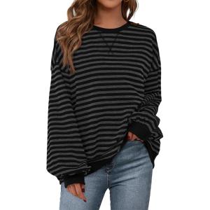 imagePRETTYGARDEN Womens Striped Oversized Sweatshirt Color Block Crew Neck Long Sleeve Casual Loose Pullover Top Y2K ClothesBlack Dark Grey