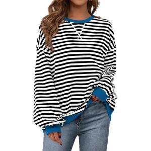 imagePRETTYGARDEN Womens Striped Oversized Sweatshirt Color Block Crew Neck Long Sleeve Casual Loose Pullover Top Y2K ClothesBlack White