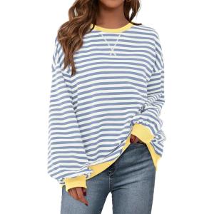 imagePRETTYGARDEN Womens Striped Oversized Sweatshirt Color Block Crew Neck Long Sleeve Casual Loose Pullover Top Y2K ClothesBlue Beige