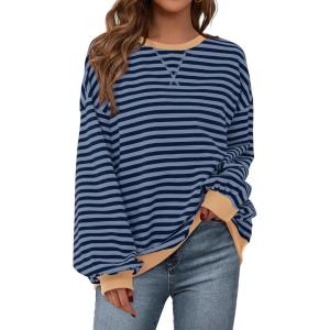 imagePRETTYGARDEN Womens Striped Oversized Sweatshirt Color Block Crew Neck Long Sleeve Casual Loose Pullover Top Y2K ClothesBlue Navy