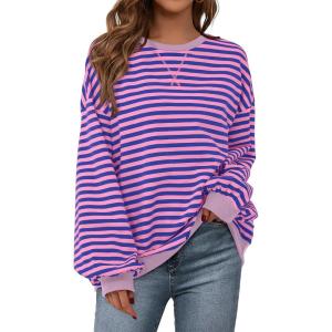 imagePRETTYGARDEN Womens Striped Oversized Sweatshirt Color Block Crew Neck Long Sleeve Casual Loose Pullover Top Y2K ClothesBlue Pink