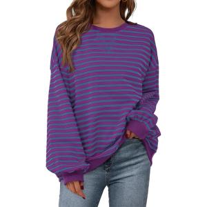 imagePRETTYGARDEN Womens Striped Oversized Sweatshirt Color Block Crew Neck Long Sleeve Casual Loose Pullover Top Y2K ClothesBlue Purple