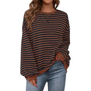 imagePRETTYGARDEN Womens Striped Oversized Sweatshirt Color Block Crew Neck Long Sleeve Casual Loose Pullover Top Y2K ClothesBrown Navy