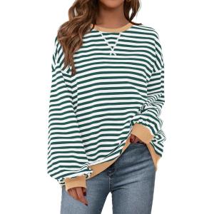 imagePRETTYGARDEN Womens Striped Oversized Sweatshirt Color Block Crew Neck Long Sleeve Casual Loose Pullover Top Y2K ClothesGreen White