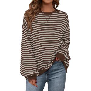 imagePRETTYGARDEN Womens Striped Oversized Sweatshirt Color Block Crew Neck Long Sleeve Casual Loose Pullover Top Y2K ClothesGrey Brown