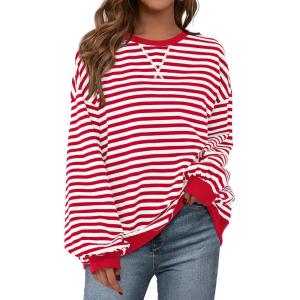 imagePRETTYGARDEN Womens Striped Oversized Sweatshirt Color Block Crew Neck Long Sleeve Casual Loose Pullover Top Y2K ClothesRed White