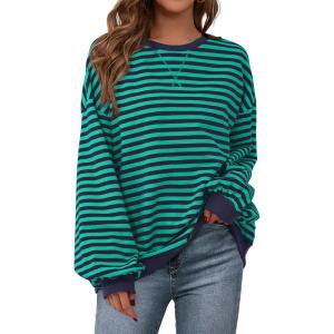 imagePRETTYGARDEN Womens Striped Oversized Sweatshirt Color Block Crew Neck Long Sleeve Casual Loose Pullover Top Y2K ClothesRoyal Blue Green