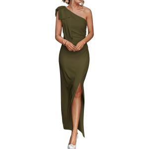 imagePRETTYGARDEN Womens Summer One Shoulder Long Formal Dresses Sleeveless Ruched Bodycon Wedding Guest Slit Maxi DressArmy Green