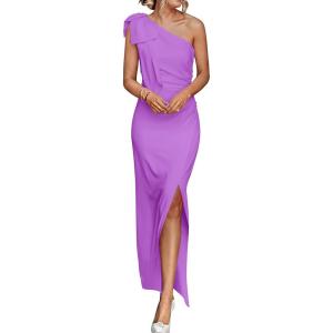 imagePRETTYGARDEN Womens Summer One Shoulder Long Formal Dresses Sleeveless Ruched Bodycon Wedding Guest Slit Maxi DressBright Purple