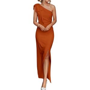 imagePRETTYGARDEN Womens Summer One Shoulder Long Formal Dresses Sleeveless Ruched Bodycon Wedding Guest Slit Maxi DressBrown