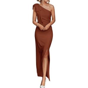 imagePRETTYGARDEN Womens Summer One Shoulder Long Formal Dresses Sleeveless Ruched Bodycon Wedding Guest Slit Maxi DressCoffee